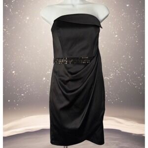 Cache Strapless Cocktail Dress Women 2 Black Studded Waist Draped‎ Satin Wrap